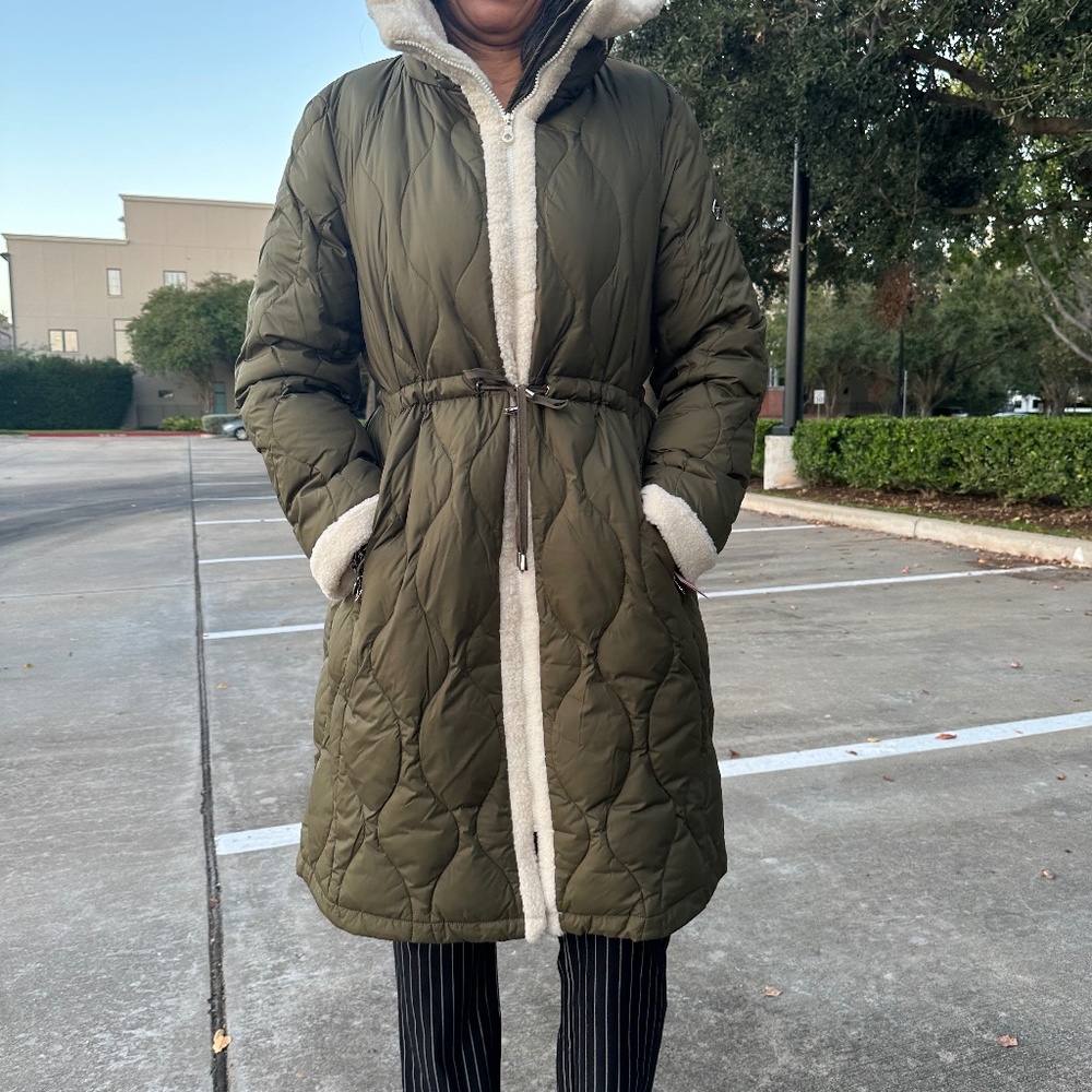 kate spade New York Faux Shearling Trim Down & Feather Fill Coat in Olive XL - Picture 6 of 13